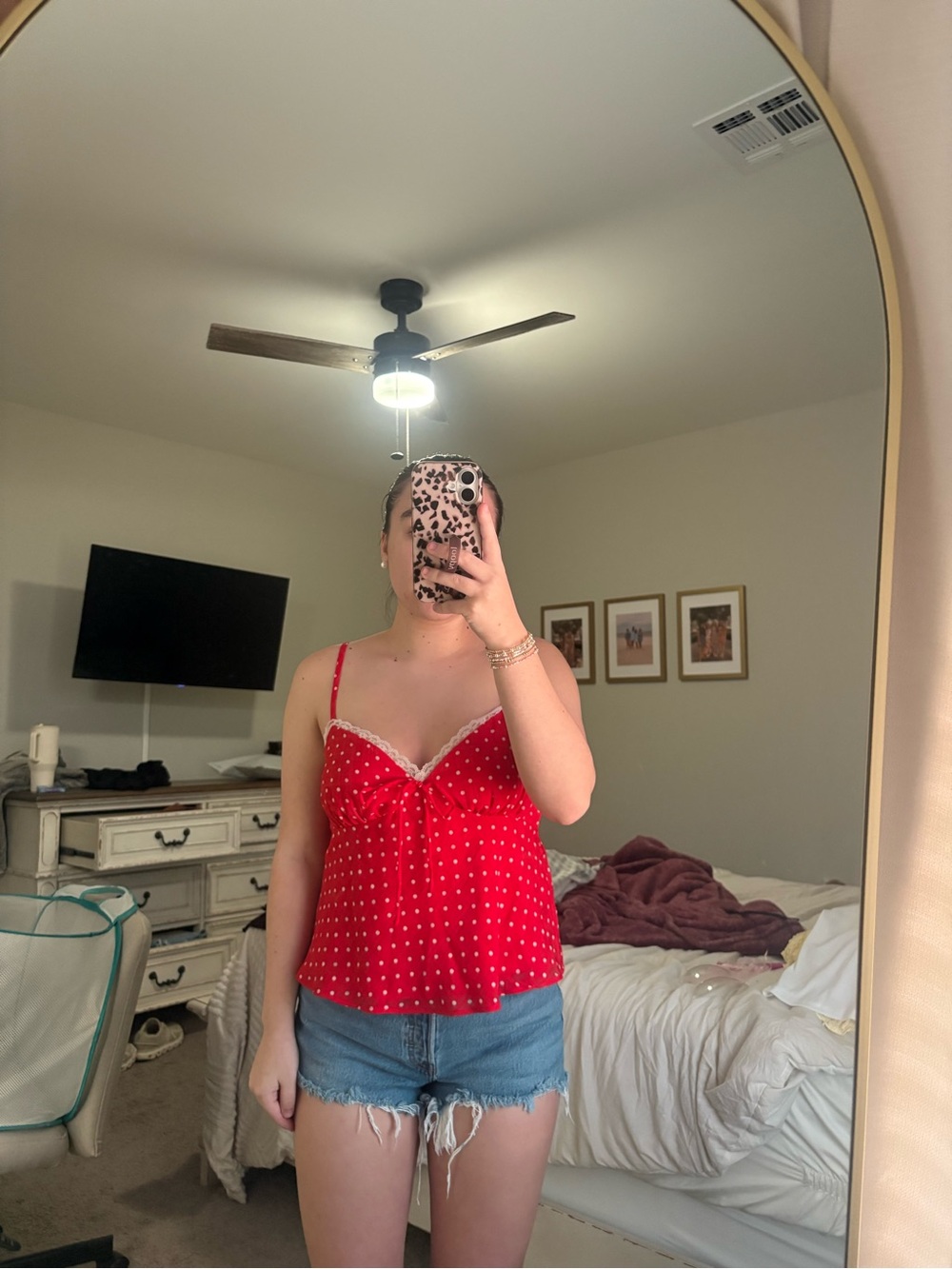 Red Polka Dot Lace-Trim Cami Top